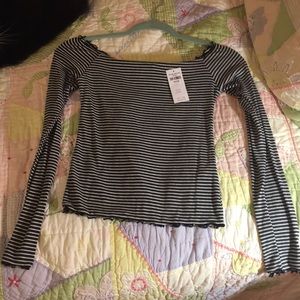 Gray and white striped, off the shoulder crop top